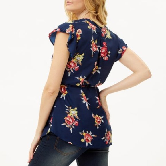 Navy & Pink Floral Button-Front Maternity Flutter-Sleeve Top - Picture 2 of 3